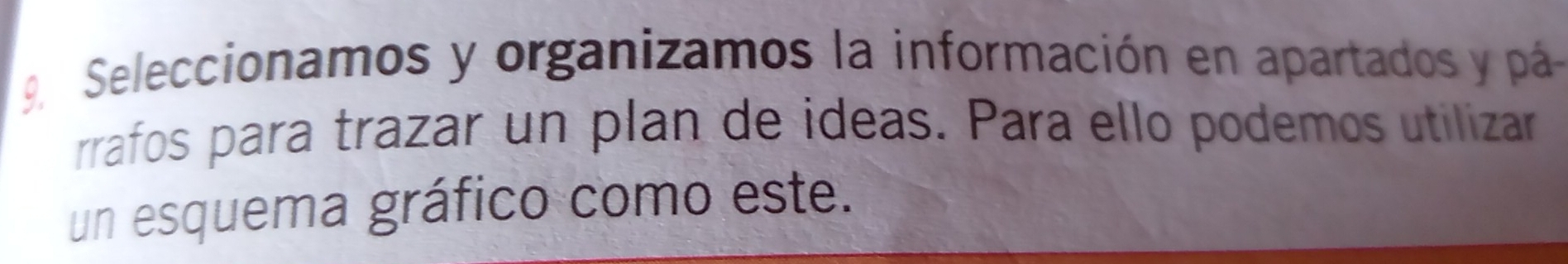 Seleccionamos y organizamos la información en apartados y pá 
rrafos para trazar un plan de ideas. Para ello podemos utilizar 
un esquema gráfico como este.