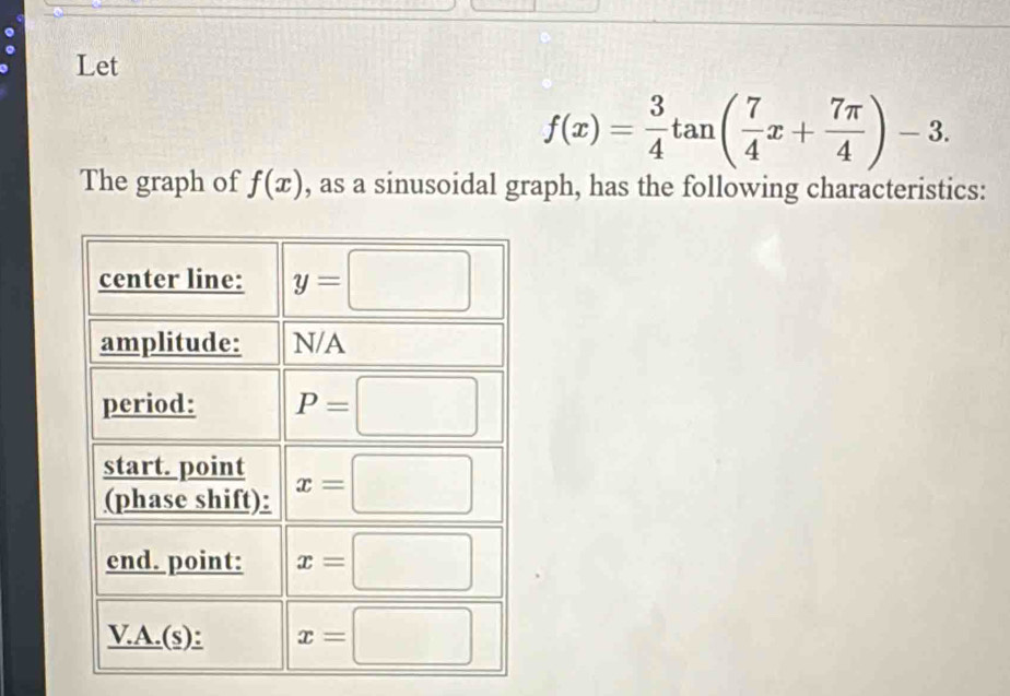 Let
f(x)= 3/4 tan ( 7/4 x+ 7π /4 )-3.
The graph of f(x) , as a sinusoidal graph, has the following characteristics: