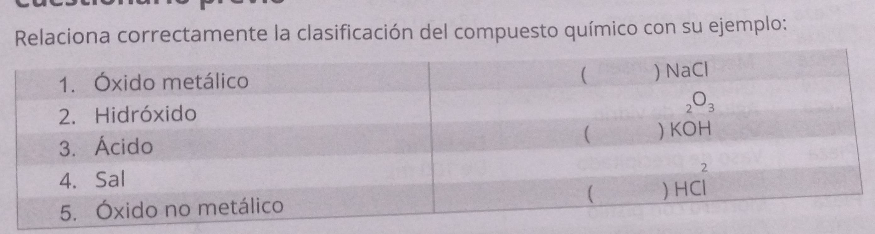 Relaciona correctamente la clasificación del compuesto químico con su ejemplo: