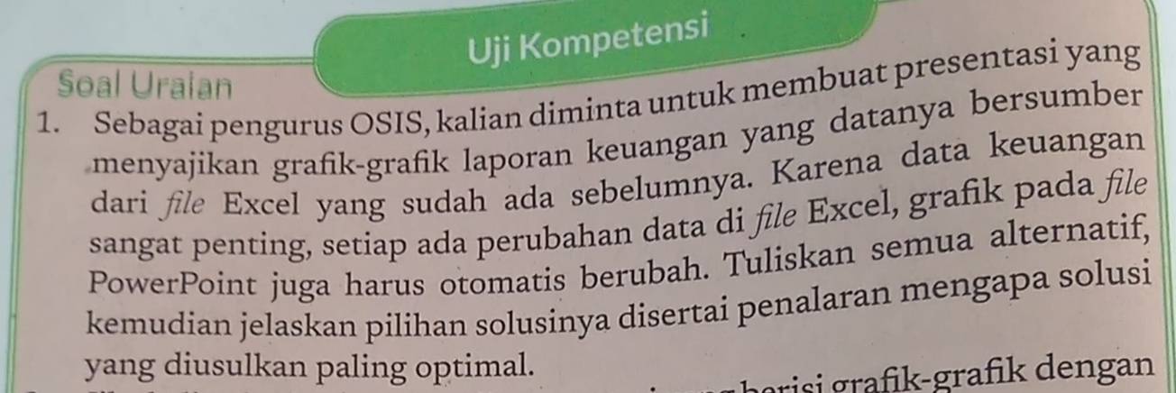 Uji Kompetensi 
Soal Uraian 
1. Sebagai pengurus OSIS, kalian diminta untuk membuat presentasi yang 
menyajikan grafik-grafik laporan keuangan yang datanya bersumber 
dari file Excel yang sudah ada sebelumnya. Karena data keuangan 
sangat penting, setiap ada perubahan data di file Excel, grafik pada file 
PowerPoint juga harus otomatis berubah. Tuliskan semua alternatif, 
kemudian jelaskan pilihan solusinya disertai penalaran mengapa solusi 
yang diusulkan paling optimal. 
be i i rafk grafik dengan