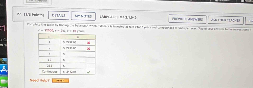 DETAILS MY NOTES LARPCALCLIM4 3.1.049. PREVIOUS ANSWERS ASK YOUR TEACHER PR 
Complete the table by finding the balance A when P dollars is invested at rate r for t years and compounded n times per year. (Round your answers to the nearest cent.)
P=$2000, r=2% , t=10 years
u、 C 
a 
Need Help? Read It