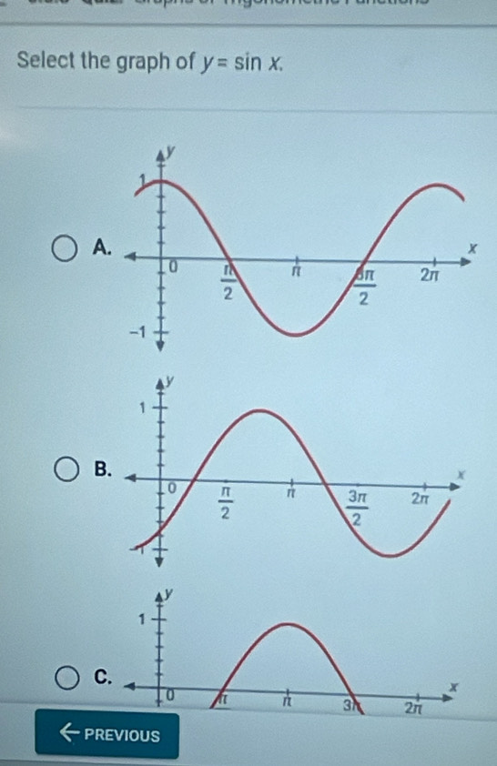 Select the graph of y=sin x.
A.
B.
C.
PREVIOUS