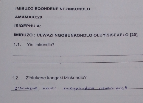 IMIBUZO EQONDENE NEZINKONDLO 
AMAMAKI:20 
ISIQEPHU A: 
IMIBUZO : ULWAZI NGOBUNKONDLO OLUYISISEKELO [20] 
1.1. Yini inkondlo? 
_ 
_ 
1.2. Zihlukene kangaki izinkondlo? 
_