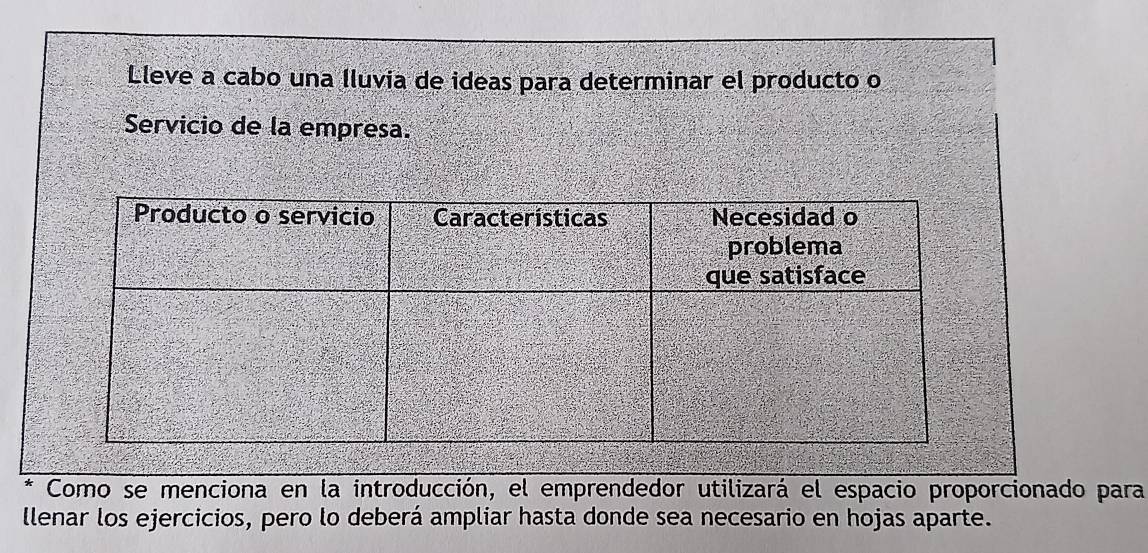 Lleve a cabo una lluvia de ideas para determinar el producto o 
Servicio de la empresa. 
* Como se menciona en la introducción, el emprendedor utilizará el espacio proporcionado para 
llenar los ejercicios, pero lo deberá ampliar hasta donde sea necesario en hojas aparte.