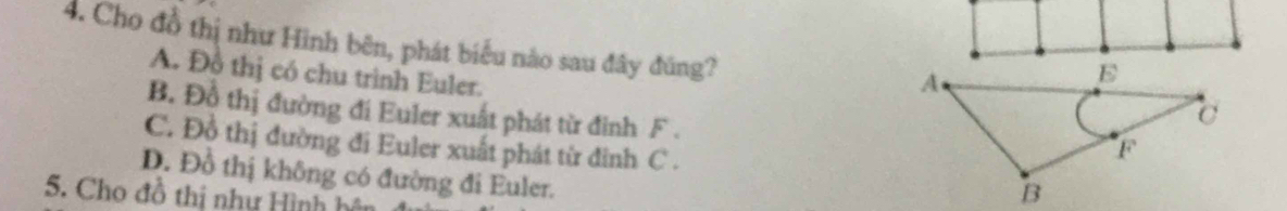 Cho đồ thị như Hình bên, phát biểu nào sau đây đúng?
A. Đồ thị có chu trình Euler.
B. Đồ thị đường đí Euler xuất phát từ đinh F.
C. Đồ thị đường đi Euler xuất phát từ đinh C .
D. Đồ thị không có đường đi Euler.
S. Cho đồ thị như Hình bên