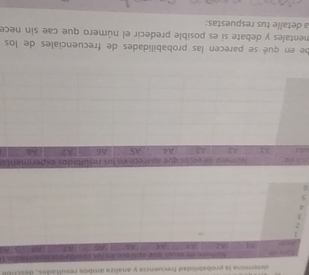 determina la probabilidad frecuencia y analiza ambos resultados, desc rba
5
6
sal 
id 
be en qué se parecen las probabilidades de frecuenciales de los 
mentales y debate si es posible predecir el número que cae sìn nece 
a detalle tus respuestas: