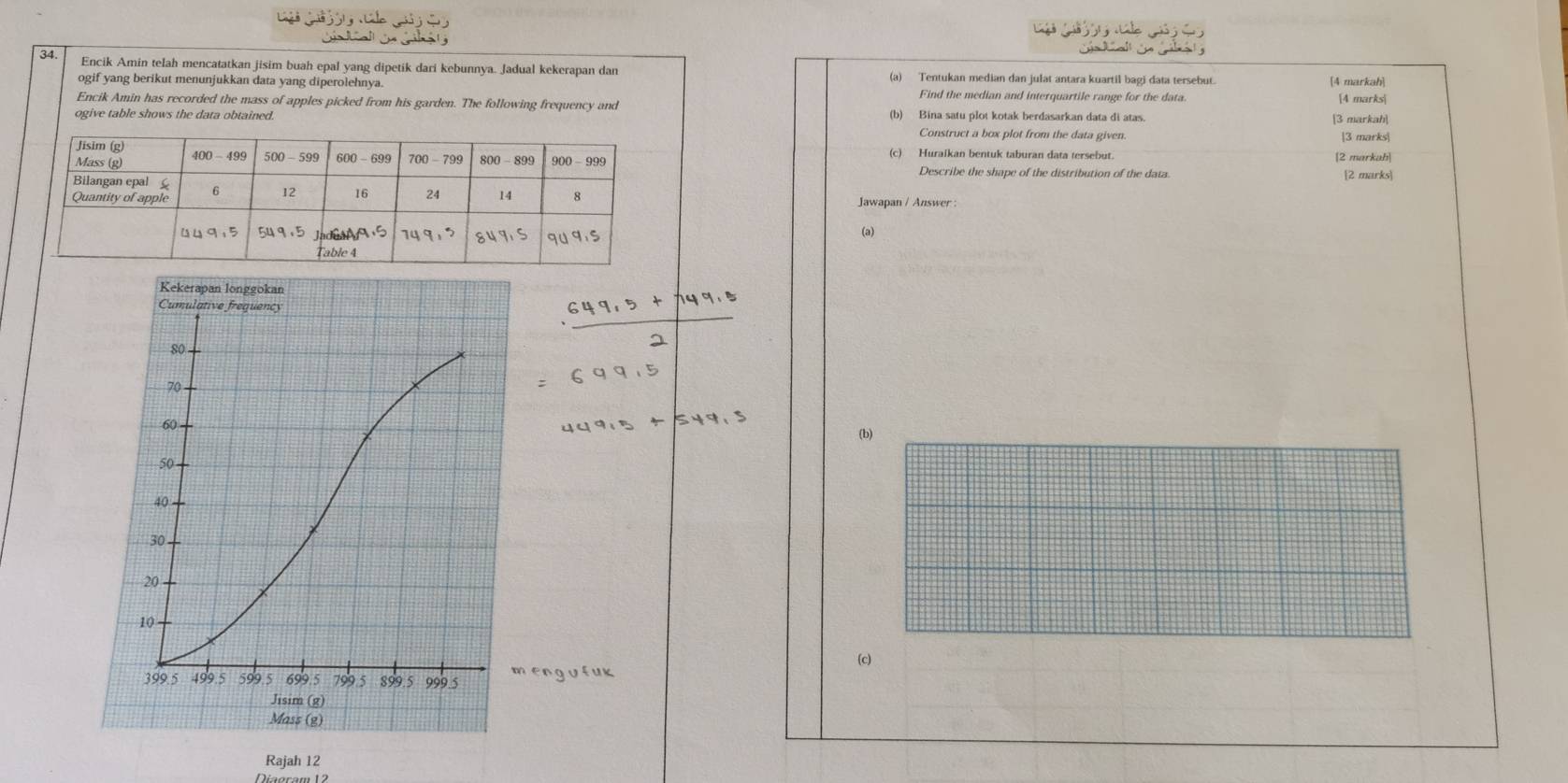 Ce      a      a   
34. Encik Amin telah mencatatkan jisim buah epal yang dipetik dari kebunnya. Jadual kekerapan dan (a) Tentukan median dan julat antara kuartil bagi data tersebut. [4 markah]
ogif yang berikut menunjukkan data yang diperolehnya. Find the median and interquartile range for the data.
Encik Amin has recorded the mass of apples picked from his garden. The following frequency and [4 marks|
ogive table shows the data obtained. (b) Bina satu plot kotak berdasarkan data di atas. [3 markah]
Construct a box plot from the data given 3 marks
(c) Huraikan bentuk taburan data tersebut. [2 markah|
Describe the shape of the distribution of the data
2 marks
Jawapan / Answer :
(c)
engufuk
Rajah 12
Diagram 12