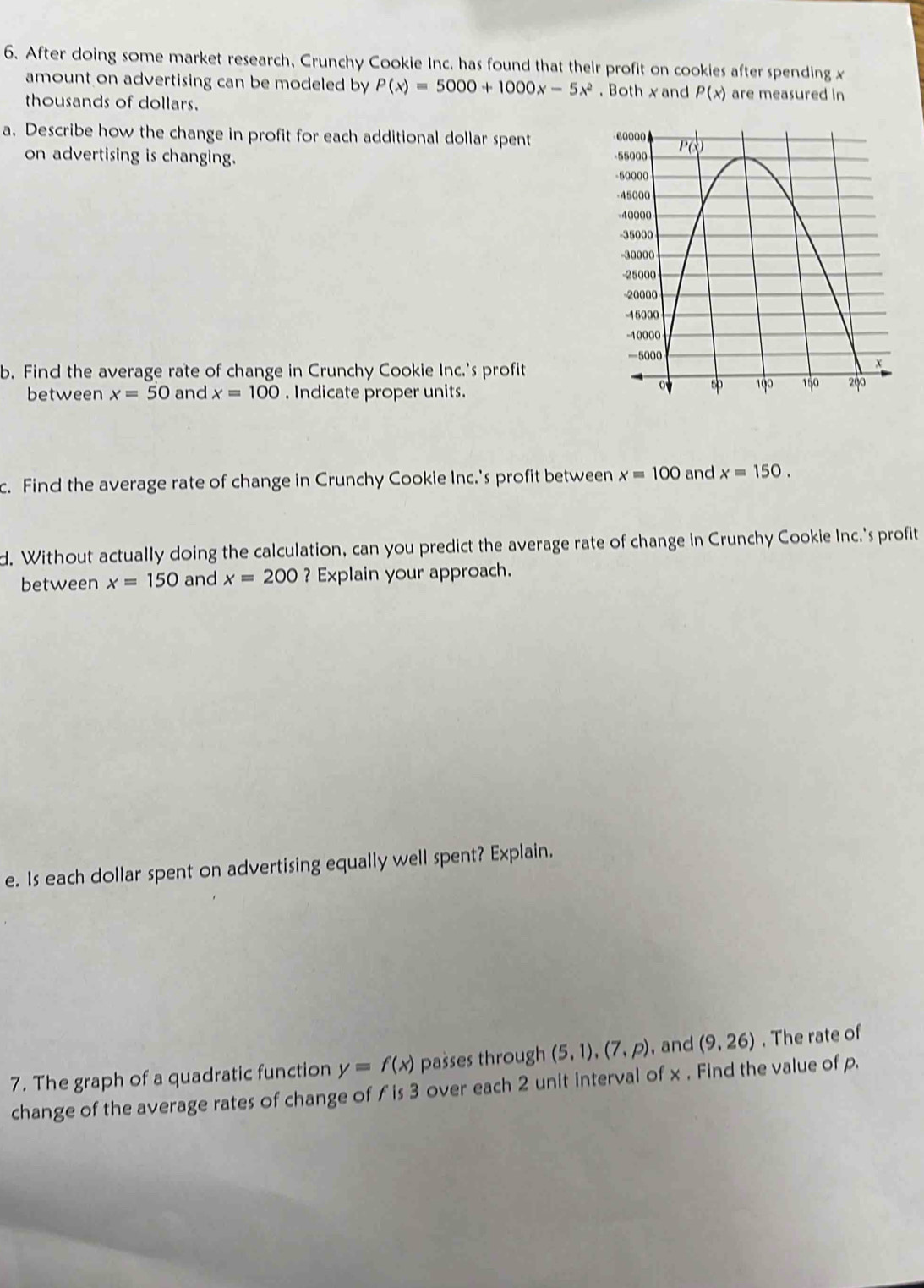 After doing some market research, Crunchy Cookie Inc. has found that their profit on cookies after spending x
amount on advertising can be modeled by P(x)=5000+1000x-5x^2 , Both x and P(x) are measured in 
thousands of dollars. 
a. Describe how the change in profit for each additional dollar spent 
on advertising is changing. 
b. Find the average rate of change in Crunchy Cookie Inc.'s profit 
between x=50 and x=100. Indicate proper units. 
c. Find the average rate of change in Crunchy Cookie Inc.'s profit between x=100 and x=150. 
d. Without actually doing the calculation, can you predict the average rate of change in Crunchy Cookie Inc.'s profit 
between x=150 and x=200 ? Explain your approach. 
e. Is each dollar spent on advertising equally well spent? Explain. 
7. The graph of a quadratic function y=f(x) passes through (5,1),(7,p) , and (9,26). The rate of 
change of the average rates of change of f is 3 over each 2 unit interval of x. Find the value of p.