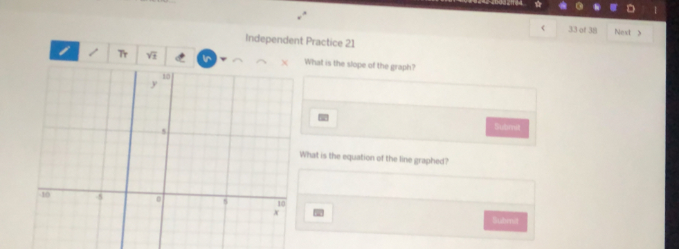 < 33 of 38 Next > 
Independent Practice 21 
Tr What is the slope of the graph?
χ
6
Submit 
hat is the equation of the line graphed? 
Submit