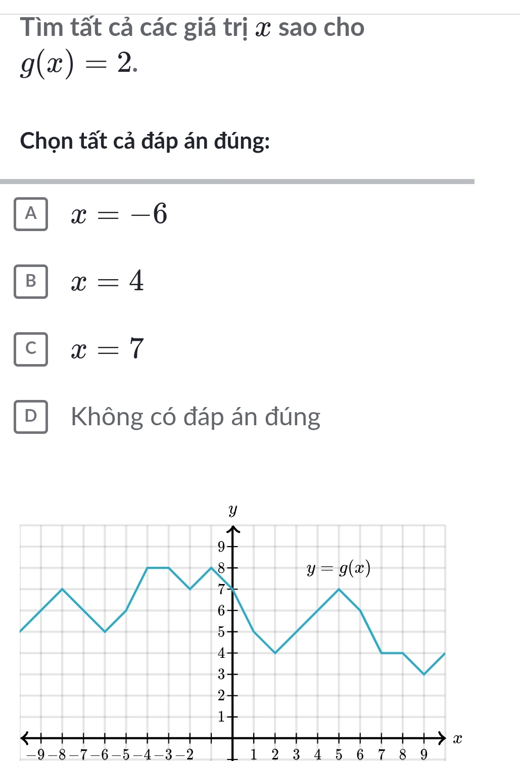 Tìm tất cả các giá trị x sao cho
g(x)=2.
Chọn tất cả đáp án đúng:
A x=-6
B x=4
C x=7
D Không có đáp án đúng
-9 -8 -7 -6 -5 -4 -3 -2 1 2 3 4 5 6 7 8 9