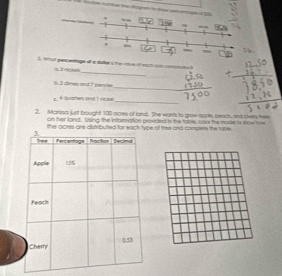 dauble nurber fime diaga to frow percenags of 151
_ 
5. Wiat percentiage of a dallar is the vake of each can concinatio l 
a 3 ríces 
_ 
6. 2 dimes and 7 gerries 
_ 
C 6 quares and 1 ridiel 
2. Marfssa just bought 100 aares of land. She wants to grow apple, peach, and cherty trees 
on her land. Using the information provided in the table, calor the model to stow how 
the acres are distributed for each type of tree and complete the table.