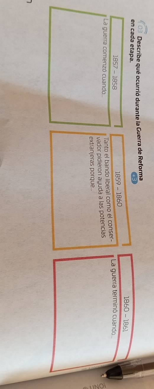 Describe qué ocurrió durante la Guerra de Reforma 
en cada etapa.
1860-1861
1857-1858
1859-1860
La guerra comenzó cuando... 
Tanto el bando liberal como el conser- La guerra terminó cuando 
vador pidieron ayuda a las potencias 
extranjeras porque...