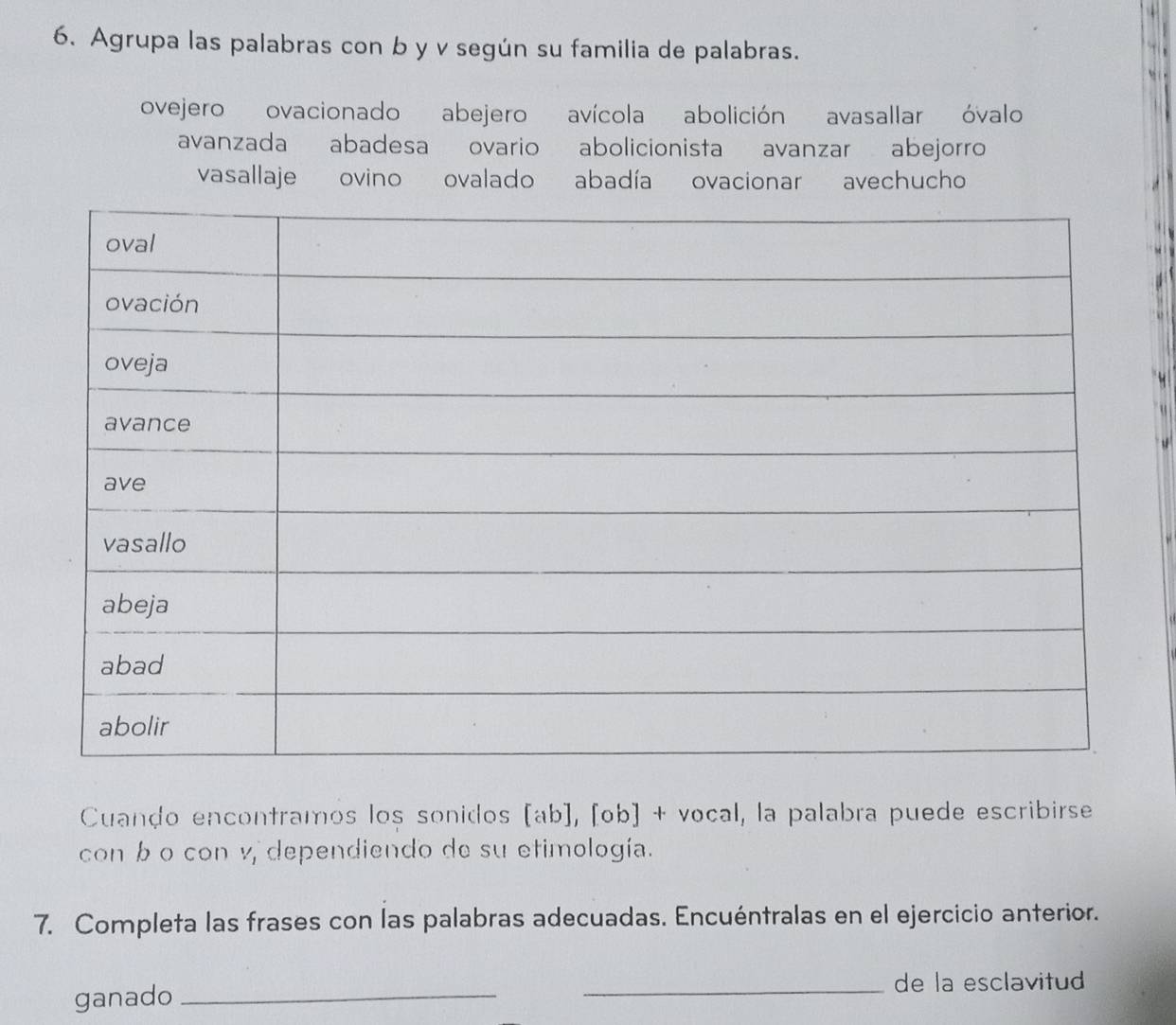 Agrupa las palabras con b y v según su familia de palabras.
ovejero ovacionado abejero avícola abolición avasallar óvalo
avanzada abadesa ovario abolicionista avanzar abejorro
vasallaje ovino ovalado abadía ovacionar avechucho
Cuando encontramos los sonidos [ab], [ob] + vocal, la palabra puede escribirse
con b o con v, dependiendo de su etimología.
7. Completa las frases con las palabras adecuadas. Encuéntralas en el ejercicio anterior.
ganado __de la esclavitud