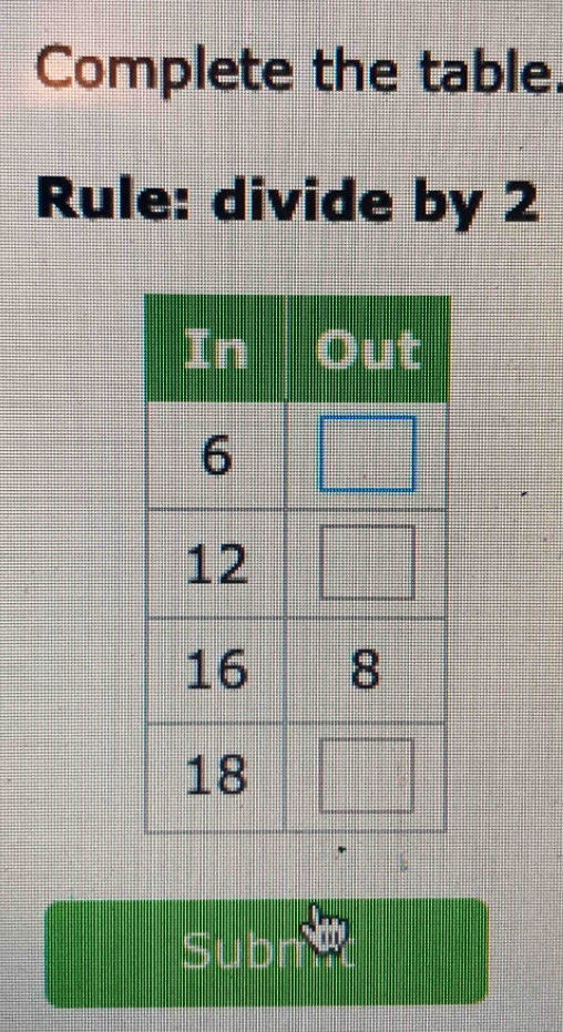 Complete the table. 
Rule: divide by 2
Subn