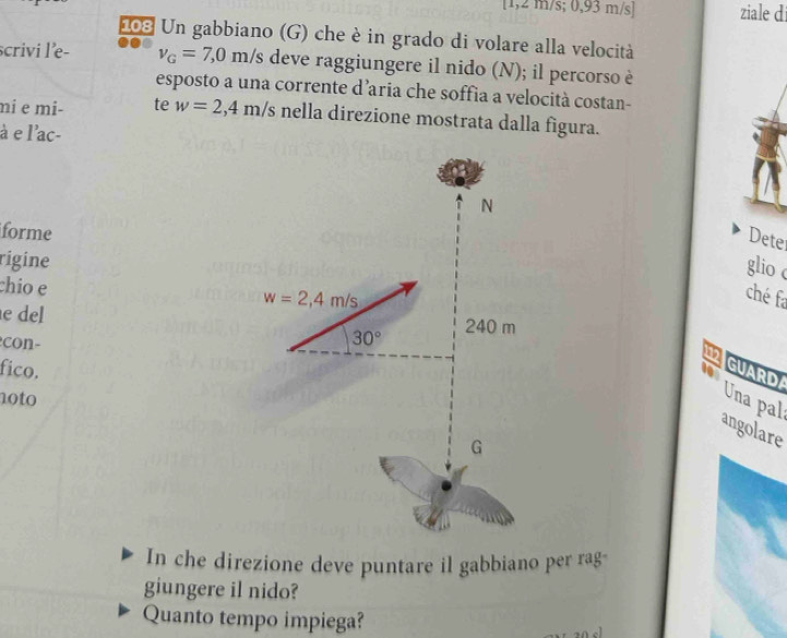 [1,2 m/s; 0,93 m/s] ziale di
108 Un gabbiano (G) che è in grado di volare alla velocità
scrivi l’e- v_G=7,0 m/s deve raggiungere il nido (N); il percorso è
esposto a una corrente d’aria che soffia a velocità costan-
mi e mi- te w=2,4m/s nella direzione mostrata dalla figura.
à e l'ac-
forme
Dete
rigine
glio c
chio e
ché fa
e del
con-
fico.
GUARD Una pal
noto
angolare
In che direzione deve puntare il gabbiano per rag-
giungere il nido?
Quanto tempo impiega?