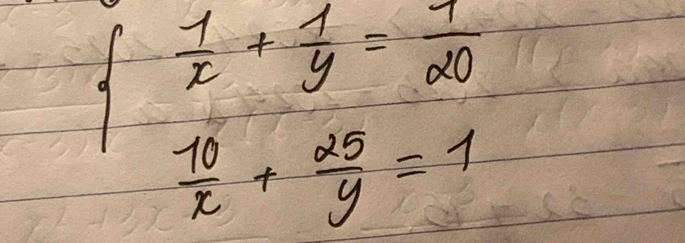 beginarrayl - 1/2 + 1/y = 9/20  - 10/x + 29/y =1.endarray.