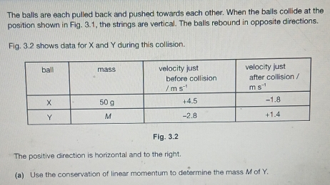 The balls are each pulled back and pushed towards each other. When the balls collide at the
position shown in Fig. 3.1, the strings are vertical. The balls rebound in opposite directions.
Fig. 3.2 shows data for X and Y during this collision.
Fig. 3.2
The positive direction is horizontal and to the right.
(a) Use the conservation of linear momentum to determine the mass M of Y.