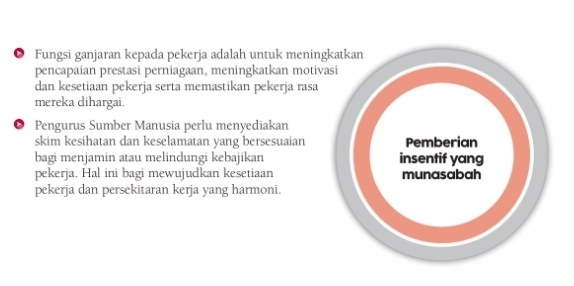 ● Fungsi ganjaran kepada pekerja adalah untuk menin 
pencapaian prestasi perniagaan, meningkatkan moti 
dan kesetiaan pekerja serta memastikan pekerja rasa 
mereka dihargai. 
D Pengurus Sumber Manusia perlu menyediakan 
skim kesihatan dan keselamatan yang bersesuaian 
bagi menjamin atau melindungi kebajikan 
pekerja. Hal ini bagi mewujudkan kesetiaan 
pekerja dan persekitaran kerja yang harmoni.