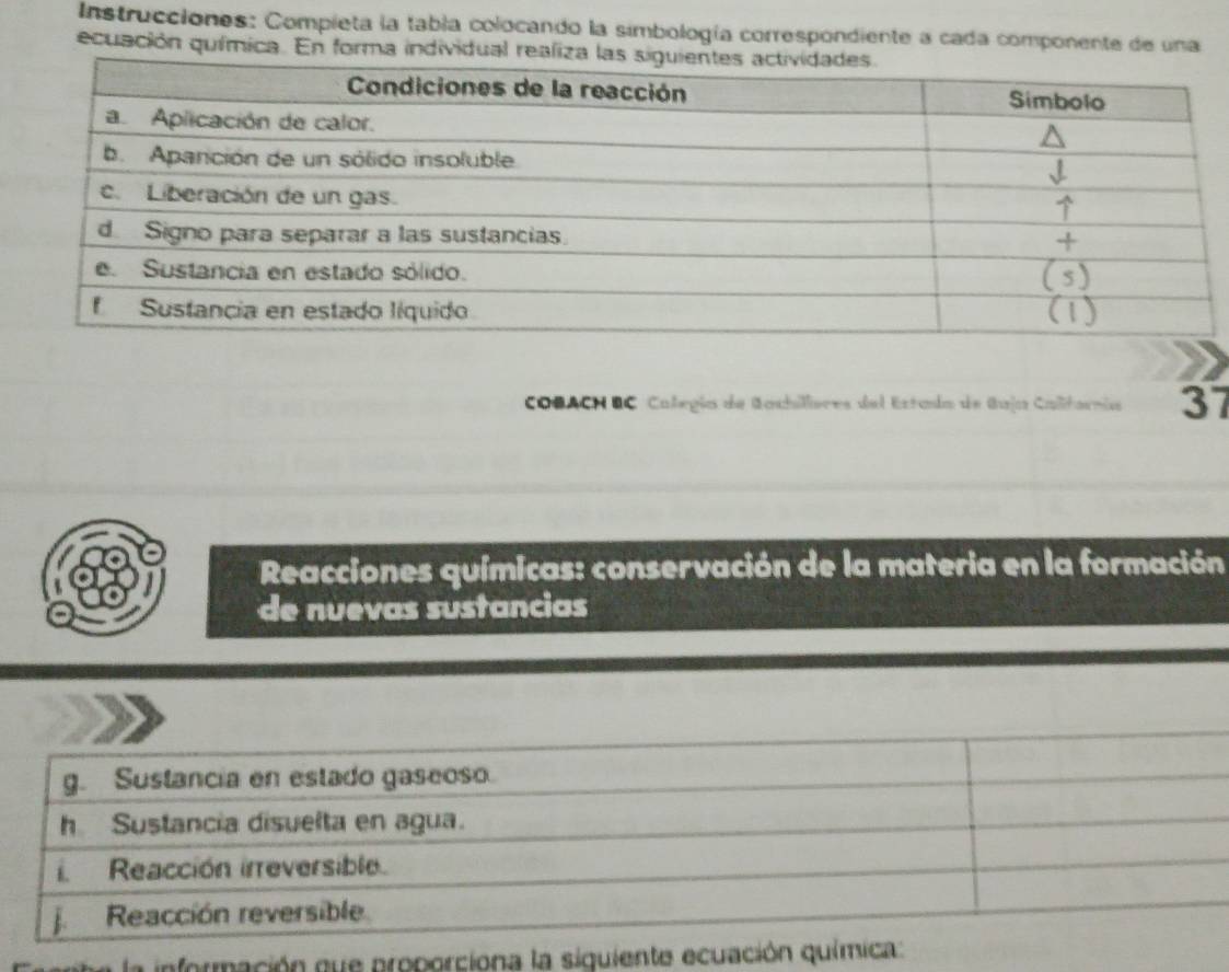 Instrucciones: Compieta la tabla colocando la simbología correspondiente a cada componente de una 
ecuación química. En forma individual 
COBACN BC Calegía de Gachilleres del Estaía de Gaja Calitornia 37 
Reacciones químicas: conservación de la materia en la formación 
de nuevas sustancias 
formación que proporciona la siquiente ecuación químic