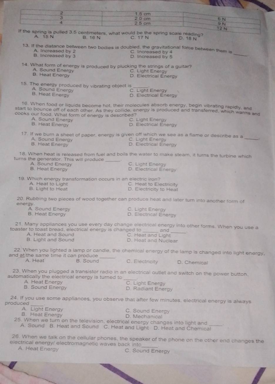 A. 15 N B. 16 N C. 17 N D. 18 N
_
13. If the distance between two bodies is doubled, the gravitational force between them is
A. Increased by 2 C. Increased by 4
B. Increased by 3 D. Increased by 5
14. What form of energy is produced by plucking the strings of a guitar?
A. Sound Energy C. Light Energy
B. Heat Energy D. Electrical Energy
15. The energy produced by vibrating object is _.
A. Sound Energy C. Light Energy
B. Heat Energy D. Electrical Energy
16. When food or liquids become hot, their molecules absorb energy, begin vibrating rapidly, and
start to bounce off of each other. As they collide, energy is produced and transferred, which warms and
cooks our food. What form of energy is described?
C. Light Energy
A. Sound Energy D. Electrical Energy
B. Heat Energy
17. If we burn a sheet of paper, energy is given off which we see as a flame or describe as a .
A. Sound Energy C. Light Energy
_
B. Heat Energy D. Electrical Energy
18. When heat is released from fuel and boils the water to make steam, it turns the turbine which
turns the generator. This will produce _.
A. Sound Energy C. Light Energy
B. Heat Energy D. Electrical Energy
19. Which energy transformation occurs in an electric iron?
A. Heat to Light C. Heat to Electricity
B. Light to Heat D. Electricity to Heat
20. Rubbing two pieces of wood together can produce heat and later turn into another form of
energy. C. Light Energy
A. Sound Energy
B. Heat Energy D. Electrical Energy
21. Many appliances you use every day change electrical energy into other forms. When you use a
toaster to toast bread, electrical energy is changed to _and
A. Heat and Sound C. Heat and Light
B. Light and Sound D. Heat and Nuclear
22. When you lighted a lamp or candle, the chemical energy of the lamp is changed into light energy,
and at the same time it can produce_
A. Heat B. Sound C. Electricity D. Chemical
23. When you plugged a transistor radio in an electrical outlet and switch on the power button,
automatically the electrical energy is turned to _  
A. Heat Energy C. Light Energy
B. Sound Energy D. Radiant Energy
_
24. If you use some appliances, you observe that after few minutes, electrical energy is always
produced
A. Light Energy C. Sound Energy
B. Heat Energy D. Mechanical
25. When we turn on the television, electrical energy changes into light and_ .
A. Sound B. Heat and Sound C. Heat and Light D. Heat and Chemical
26. When we talk on the cellular phones, the speaker of the phone on the other end changes the
electrical energy/ electromagnetic waves back into
A. Heat Energy C. Sound Energy