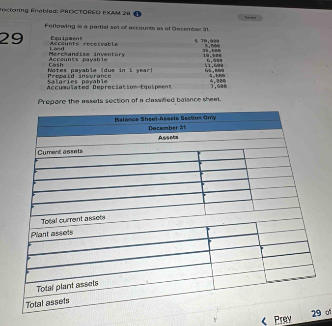 roctoring Enabled: PROCTORED EXAM 2B Seved 
Following is a partial set of accounts as of December 31. 
Equipment
29 Accounts receivable $ 70,000 3,800
Land 
Merchandise inventory 36,600 10,600
Accounts payable 
Cash 6,800
Notes payable (due in 1 year) 11,600
Prepaid insurance 66,000 4,600
Salaries payable 
Accumulated Depreciation—Equipment 4,800 7,600
Prepare the assets section of a classified balance sheet. 
of 
Prev