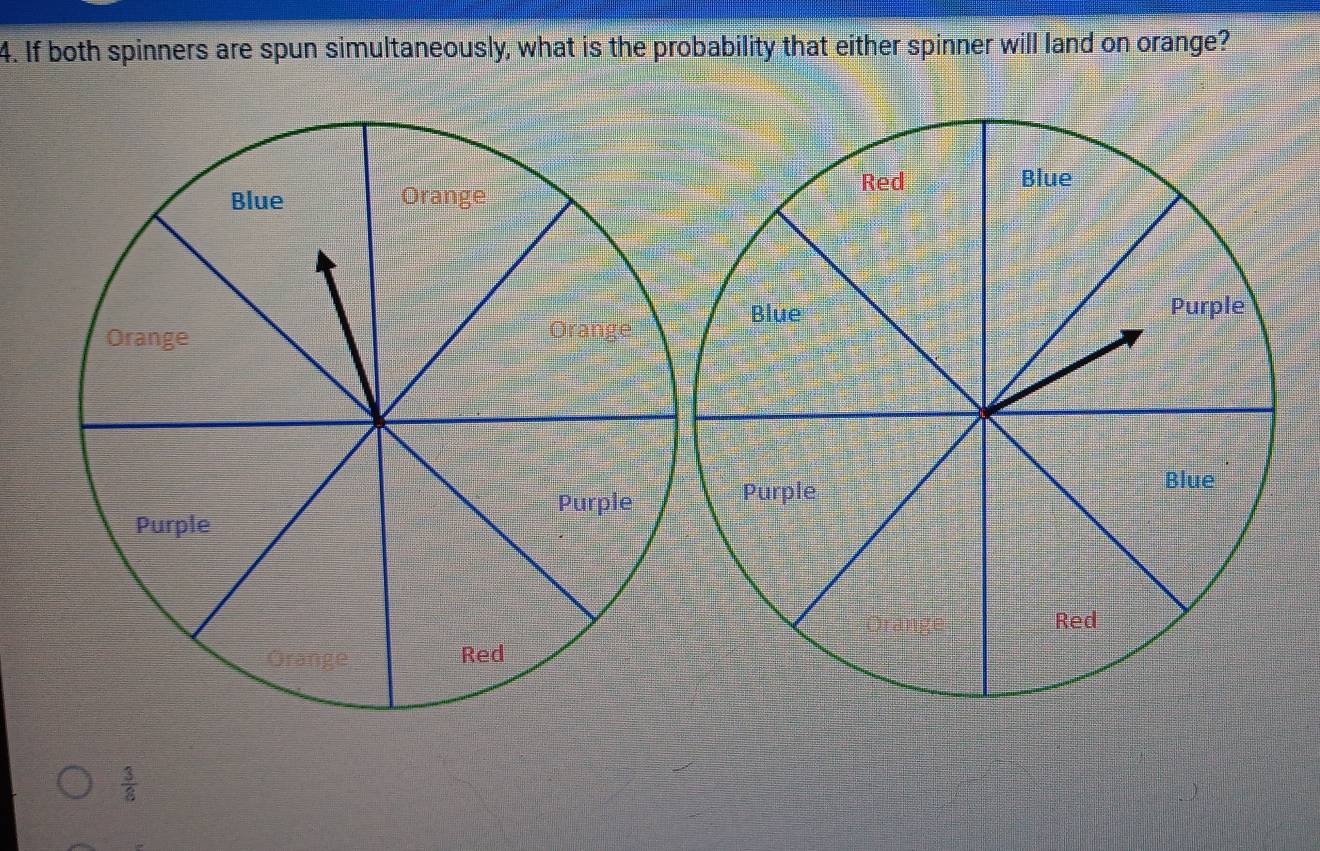 If both spinners are spun simultaneously, what is the probability that either spinner will land on orange?

 3/8 