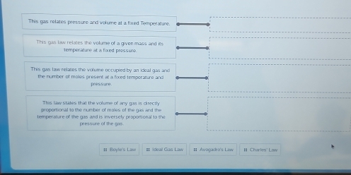 This gas relates pressure and volume at a fixed Temperature.
This gas law relates the volume of a given mass and its
temperature at a fixed pressure.
This gas law relates the volume occupied by an ideal gas and
the number of moles present at a fixed temperature and 
pressure
This law states that the volume of any gas is directh
proportional to the number of moles of the gas and the
temperature of the gas and is inversely proportional to the
pressure of the gas
# Boyle's Law #t Ideal Gas Law 11 Avogadro's Law # Charles" Law