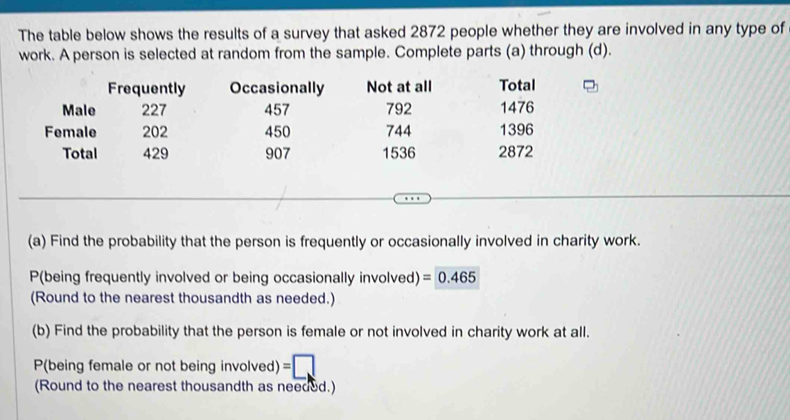 The table below shows the results of a survey that asked 2872 people whether they are involved in any type of 
work. A person is selected at random from the sample. Complete parts (a) through (d). 
(a) Find the probability that the person is frequently or occasionally involved in charity work. 
P(being frequently involved or being occasionally involved) =0.465
(Round to the nearest thousandth as needed.) 
(b) Find the probability that the person is female or not involved in charity work at all. 
P(being female or not being involved) =□
(Round to the nearest thousandth as needed.)