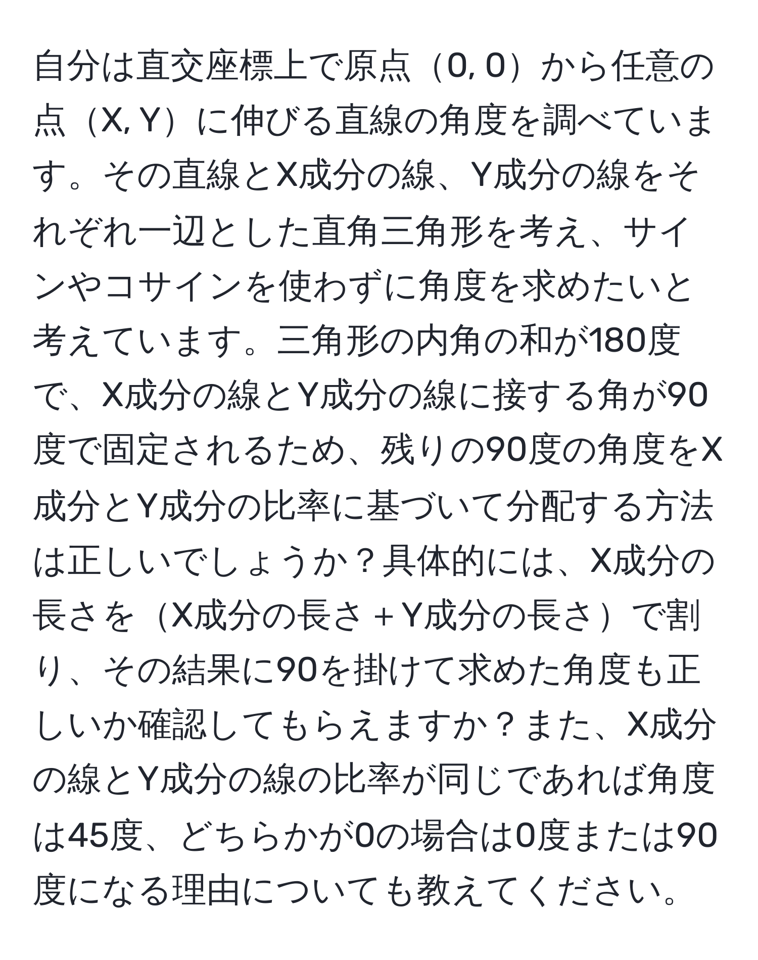 自分は直交座標上で原点0, 0から任意の点X, Yに伸びる直線の角度を調べています。その直線とX成分の線、Y成分の線をそれぞれ一辺とした直角三角形を考え、サインやコサインを使わずに角度を求めたいと考えています。三角形の内角の和が180度で、X成分の線とY成分の線に接する角が90度で固定されるため、残りの90度の角度をX成分とY成分の比率に基づいて分配する方法は正しいでしょうか？具体的には、X成分の長さをX成分の長さ＋Y成分の長さで割り、その結果に90を掛けて求めた角度も正しいか確認してもらえますか？また、X成分の線とY成分の線の比率が同じであれば角度は45度、どちらかが0の場合は0度または90度になる理由についても教えてください。