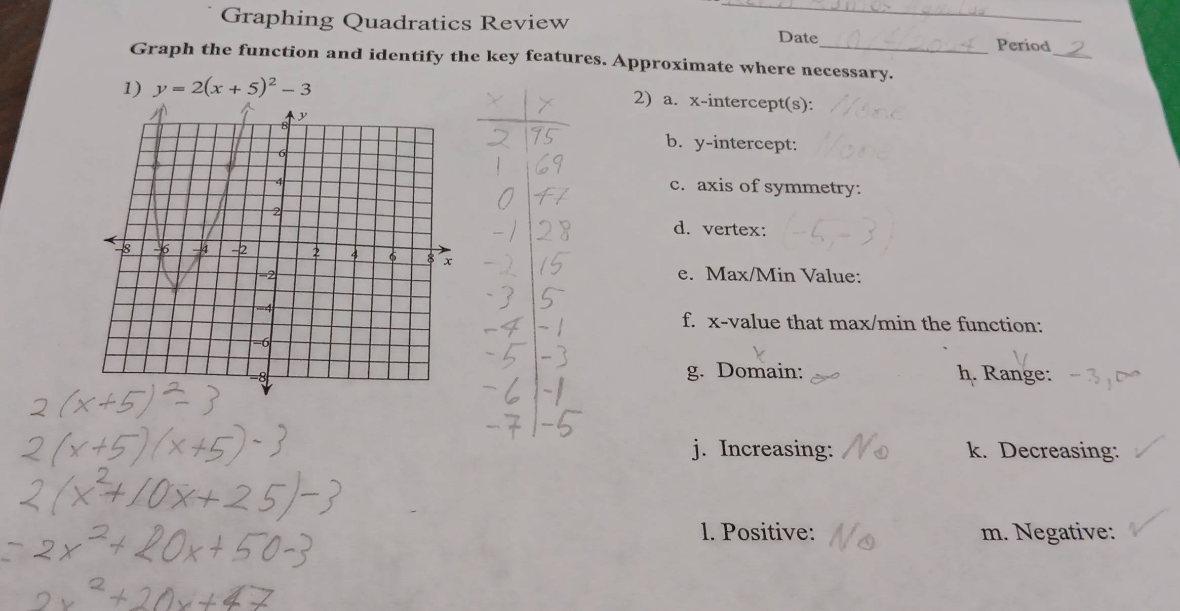 Graphing Quadratics Review 
_ 
_ 
Date Period 
Graph the function and identify the key features. Approximate where necessary. 
1) y=2(x+5)^2-3
2) a. x-intercept(s): 
b. y-intercept: 
c. axis of symmetry: 
d. vertex: 
e. Max/Min Value: 
f. x -value that max/min the function: 
g. Domain: h. Range: 
j. Increasing: k. Decreasing: 
1. Positive: m. Negative: