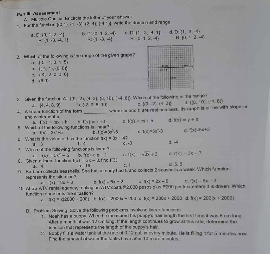 Part III: Assessment
A. Multiple Choice. Encircle the letter of your answer.
1. For the function  (0,1),(1,-3),(2,-4),(-4,1) , write the domain and range.
a. D: 0,1,2,-4 b. D: 0,1,2,-4 c. D:  1,-3,-4,1 d. D: 1,-3,-4
R: 1,-3,-4,1 R: 1,-3,-4 R:  0,1,2,-4 R : 0,1,2,-4
2. Which of the following is the range of the given graph?
a.  -5,-1,0,1,5
b.  (-4,1),(6,0)
C.  -4,-2,0,3,6
d. (6,0)
3. Given the function A= (9,-2),(4,3),(8,10),(-4,8). Which of the following is the range?
a.  4,4,8,9 b.  -2,3,8,10 C.  (9,-2),(4,3) d.  (8,10),(-4,8)
4. A linear function of the form _where m and b are real numbers. Its graph is a line with slope m
and y-intercept b.
a. f(x)=mx+b b. f(x)=x+b C. f(x)=m+b d. f(x)=y+b
5. Which of the following functions is linear?
a. f(x)=-3x^2+5 b. f(x)=3x^3-5 C. f(x)=5x^4-3 d. f(x)=5x+3
6. What is the value of b in the function f(x)=3x+4 ?
a. 3 b. 4 c. -3 d. -4
7. Which of the following functions is linear?
a. f(x)=5x^2-5 b. f(x) C f(x)=sqrt(3x)+2 d. f(x)=3x-7
8. Given a linear function f(x)=3x-8 , find f(3).
a. 4 b. -16 c. 1 d. 5. 5
9. Barbara collects seashells. She has already had 8 and collects 2 seashells a week. Which function
represents the situation?
a. f(x)=2x+8 b. f(x)=6x+2 C. f(x)=2x-6 d. f(x)=6x-2
10. At SS ATV rental agency, renting an ATV costs P2,000 pesos plus P200 per kilometers it is driven. Which
function represents the situation?
a. f(x)=x(2000+200) b. f(x)=2000x+200 c. f(x)=200x+2000 d. f(x)=200(x+2000)
B. Problem Solving. Solve the following problems involving linear functions.
1. Noah has a puppy. When he measured his puppy's hair length the first time it was 8 cm long.
After a month, it was 12 cm long. If the length continues to grow at this rate, determine the
function that represents the length of the puppy's hair.
2. Bobby fills a water tank at the rate of 0.12 gal. in every minute. He is filling it for 5 minutes now.
Find the amount of water the tanks have after 10 more minutes.