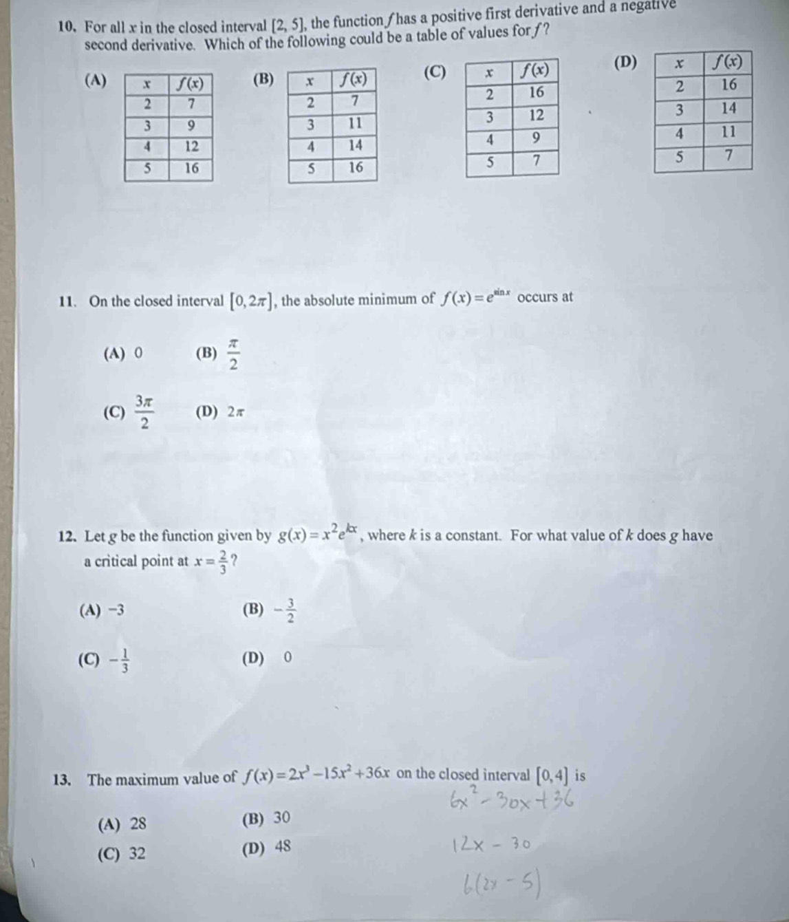 For all x in the closed interval [2,5] , the function  has a positive first derivative and a negative
second derivative. Which of the following could be a table of values for ?
(A) (B) (C) (D)
 
  
 
 
11. On the closed interval [0,2π ] , the absolute minimum of f(x)=e^(sin x) occurs at
(A) 0 (B)  π /2 
(C)  3π /2  (D) 2π
12. Let g be the function given by g(x)=x^2e^(kx) , where k is a constant. For what value of k does g have
a critical point at x= 2/3  ?
(A) −3 (B) - 3/2 
(C) - 1/3  (D) 0
13. The maximum value of f(x)=2x^3-15x^2+36x on the closed interval [0,4] is
(A) 28 (B) 30
(C) 32 (D) 48