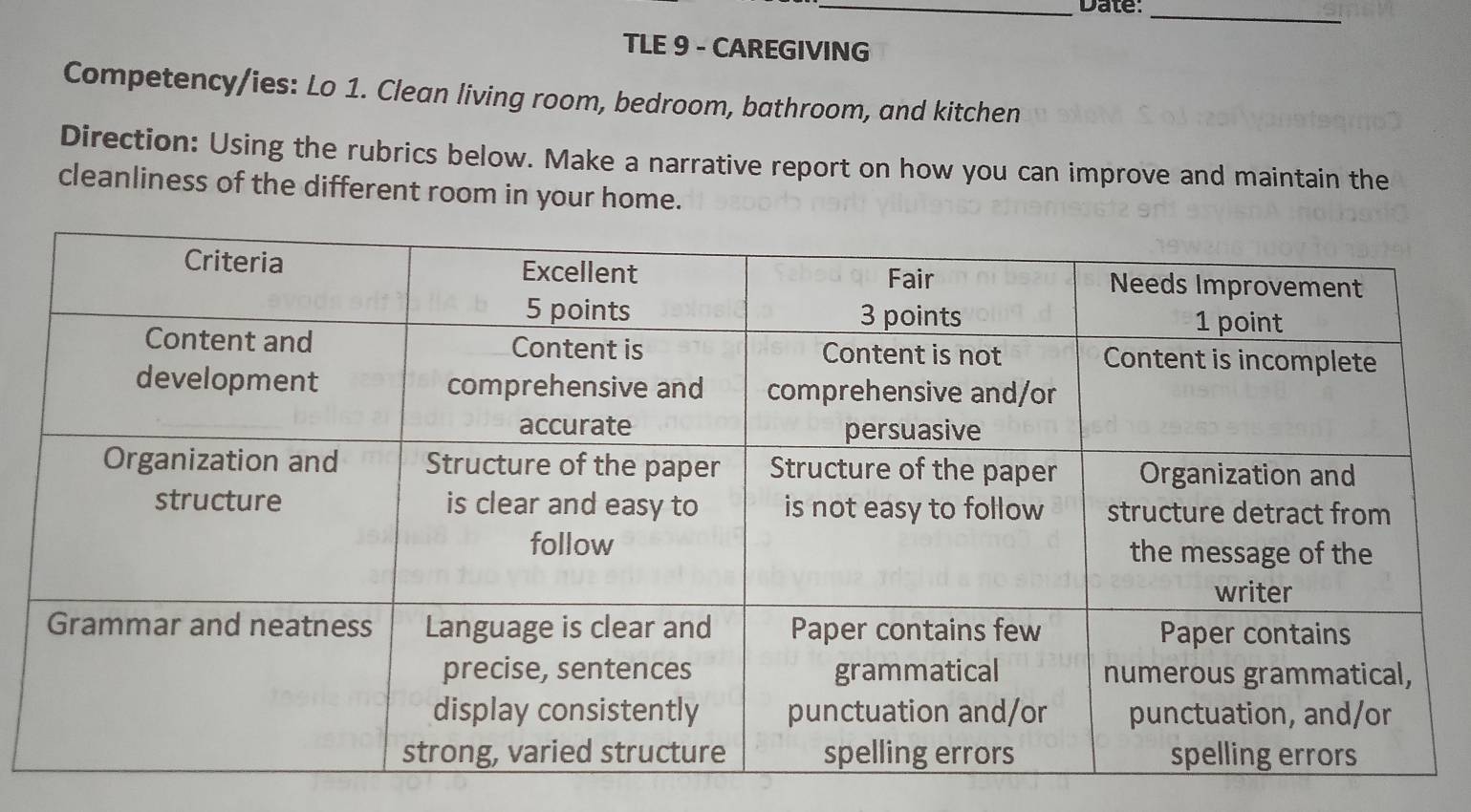 Date:_ 
TLE 9 - CAREGIVING 
Competency/ies: Lo 1. Clean living room, bedroom, bathroom, and kitchen 
Direction: Using the rubrics below. Make a narrative report on how you can improve and maintain the 
cleanliness of the different room in your home.