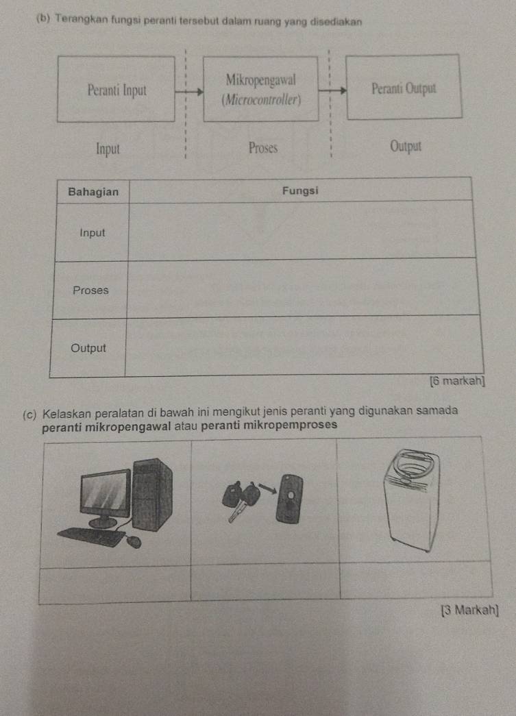 Terangkan fungsi peranti tersebut dalam ruang yang disediakan 
(c) Kelaskan peralatan di bawah ini mengikut jenis peranti yang digunakan samada 
peranti mikropengawal atau peranti mikropemproses 
[3 Markah]