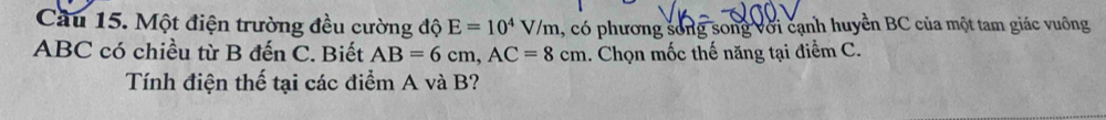 Cầu 15. Một điện trường đều cường độ E=10^4V/m , có phương song song với cạnh huyền BC của một tam giác vuông
ABC có chiều từ B đến C. Biết AB=6cm, AC=8cm 1. Chọn mốc thế năng tại điểm C. 
Tính điện thế tại các điểm A và B?