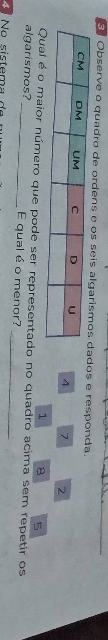 Observe o quadro de ordens e os seis os e responda.
4
7
2
1
8
5
_ 
ual é o maior número que pode ser representado no quadro acima sem repetir os 
algarismos? _E qual é o menor?