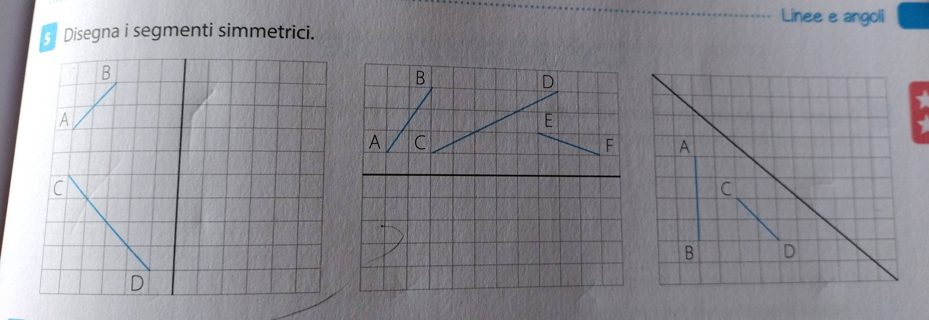 Linee e angoli
5 Disegna i segmenti simmetrici.
B
A
A
c
C
B
D
D