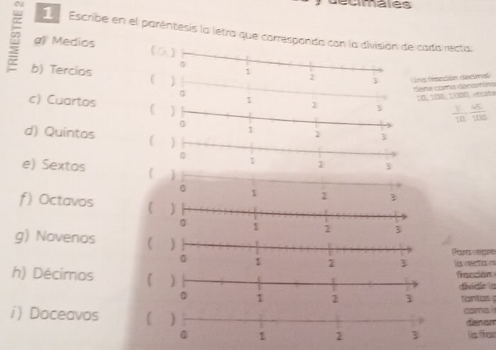 cmales 
Escribe en el paréntesís la letra que corresponda con la división de cada recta. 
() Medios ) 
0 
1 
b) Tercios ( ) 
2  Una fracción decimal 
1 tene coa denomina
10, 100, 1000, etcète 
c) Cuartos 
2  3/10 ,  45/100 
d) Quintos 
e) Sextos 
f) Octavos C 
g) Novenos C 
Parameare 
h) Décimosa rectain 
fracción 
dividin 
tantos 
i Doceavos  
come 
denom 
la fac