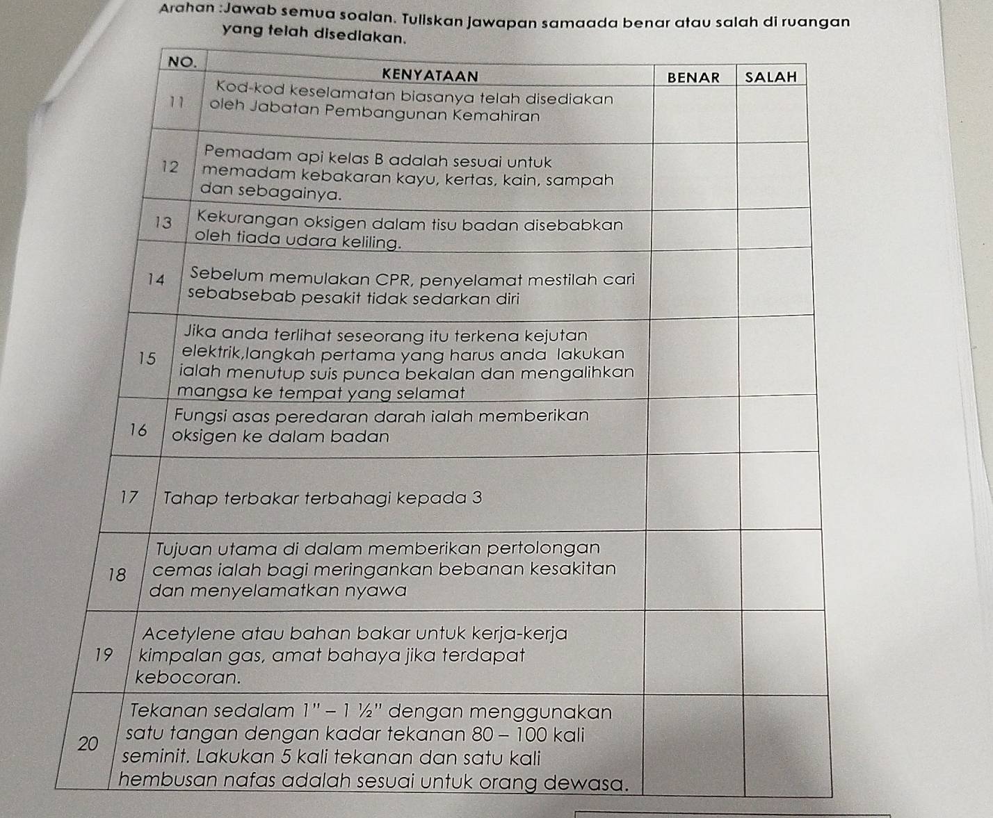 Arahan :Jawab semua soalan. Tuliskan Jawapan samaada benar atau salah di ruangan
yang telah disediakan.
hembusan nafas adalah sesuai untuk orang dewasa.