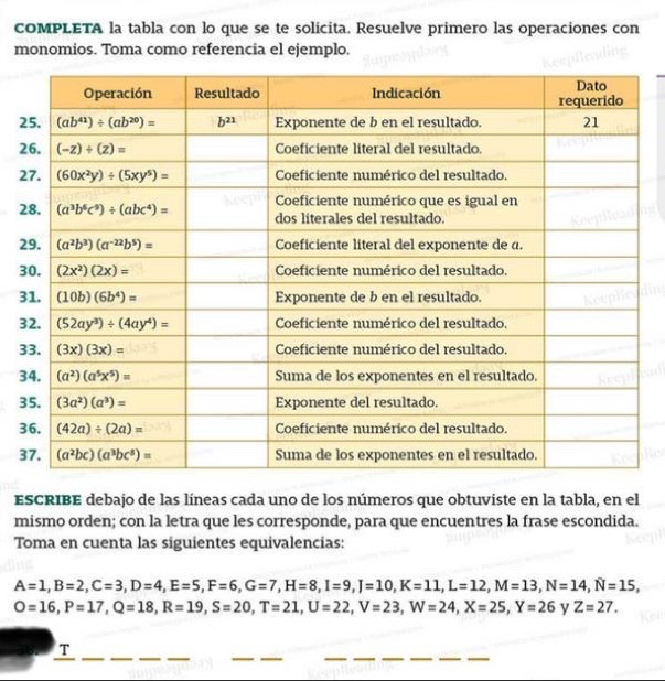 coMPLETA la tabla con lo que se te solicita. Resuelve primero las operaciones con
monomios. Toma como referencia el ejemplo.
2
2
2
2
2
3
3
3
3
3
3
3
3
ESCRIBE debajo de las líneas cada uno de los números que obtuviste en la tabla, en el
mismo orden; con la letra que les corresponde, para que encuentres la frase escondida.
Toma en cuenta las siguientes equivalencias:
A=1,B=2,C=3,D=4,E=5,F=6,G=7,H=8,I=9,K=11,L=12,M=13,N=14,N=15,
O=16,P=17,Q=18,R=19,S=20,T=21,U=22,V=23,W=24,X=25,Y=26 y Z=27.
__
__
_
T
__