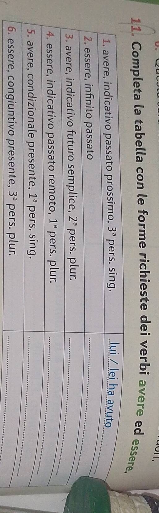 don.
11. Completa la tabella con le forme richieste dei verbi avere ed esser