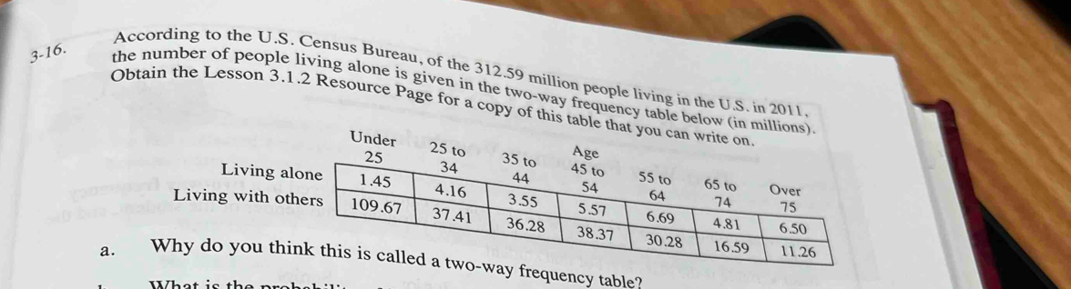 According to the U.S. Census Bureau, of the 312.59 million people living in the U.S. in 2011. 
3-16. the number of people living alone is given in the two-way frequency table below 
Obtain the Lesson 3.1.2 Resource Page for a copy of this t 
auency table? 
Whet