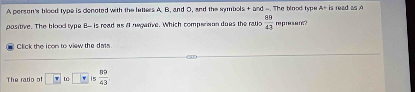 A person's blood type is denoted with the letters A, B, and O, and the symbols + and -. The blood type A+is read as A 
positive. The blood type B- is read as B negative. Which comparison does the ratio  89/43  represent? 
Click the icon to view the data. 
The ratio of boxed v to boxed v is  89/43 .