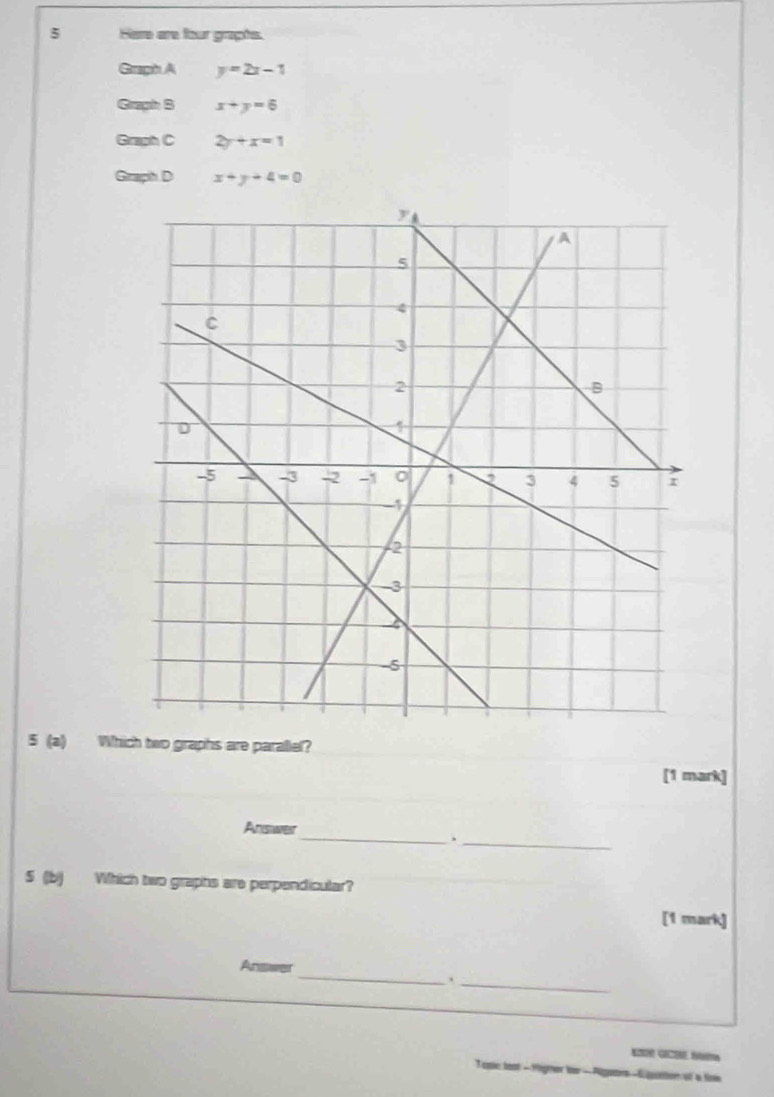 Here are four grapts. 
Graph A y=2x-1
Graph S x+y=6
Graph C 2y+x=1
Graph D x+y+4=0
5 (a) Which two graphs are parallel? 
[1 mark] 
Answesr 
__, 
5 (b) Which two graphs are perpendicular? 
[1 mark] 
_ 
Answer 
_. 
ZRE GCH N 
Tasic bost -Migner her -