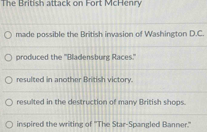 The British attack on Fort McHenry
made possible the British invasion of Washington D.C.
produced the "Bladensburg Races."
resulted in another British victory.
resulted in the destruction of many British shops.
inspired the writing of 'The Star-Spangled Banner."