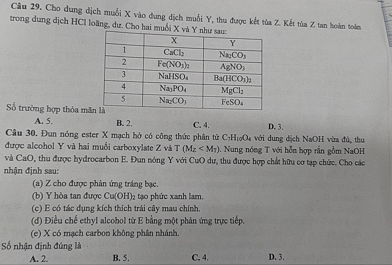 Cho dung dịch muối X vào dung dịch muối Y, thu được kết tủa Z. Kết tủa Z tan hoàn toàn
trong dung dịch HCl loãng, dư. Cho hai muối
Số trường hợp thỏa mã
A. 5. B. 2. C. 4. D. 3.
Câu 30. Đun nóng ester X mạch hở có công thức phân tử C_7H_10O_4 với dung dịch NaOH vừa đủ, thu
được alcohol Y và hai muối carboxylate Z và T(Mz . Nung nóng T với hỗn hợp rắn gồm NaOH
và CaO 0, thu được hydrocarbon E. Đun nóng Y với CuO dư, thu được hợp chất hữu cơ tạp chức. Cho các
nhận định sau:
(a) Z cho được phản ứng tráng bạc.
(b) Y hòa tan được Cu(OH)_2 tạo phức xanh lam.
(c) E có tác dụng kích thích trái cây mau chính.
(d) Điều chế ethyl alcohol từ E bằng một phản ứng trực tiếp.
(e) X có mạch carbon không phân nhánh.
ố nhận định đúng là
A. 2. B. 5. C. 4. D. 3.