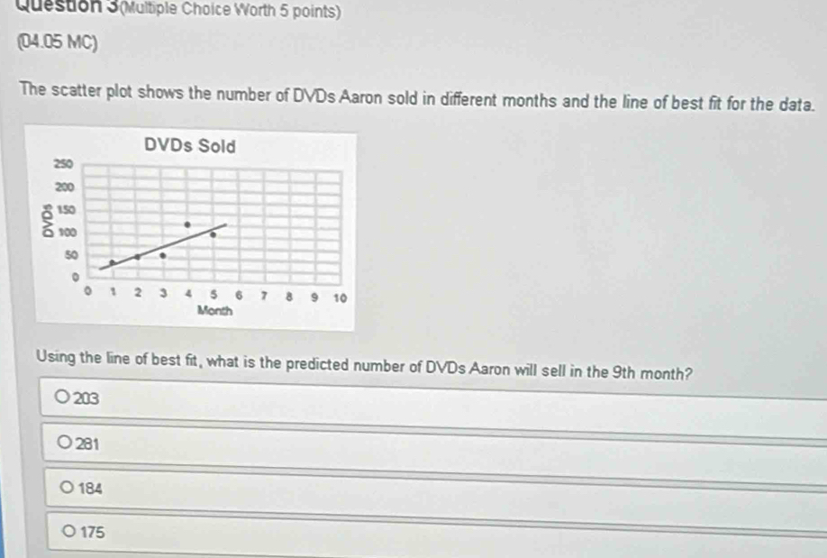 Question 3(Multiple Choice Worth 5 points)
(04.05 MC)
The scatter plot shows the number of DVDs Aaron sold in different months and the line of best fit for the data.
Using the line of best fit, what is the predicted number of DVDs Aaron will sell in the 9th month?
203
281
184
175