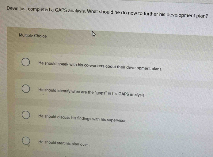 Solved: Devin just completed a GAPS analysis. What should he do now to ...