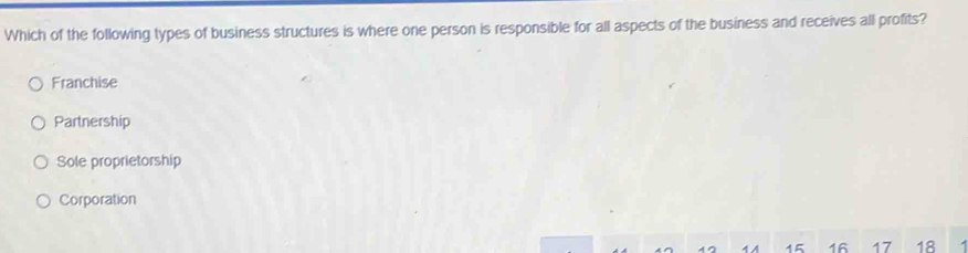 Which of the following types of business structures is where one person is responsible for all aspects of the business and receives all profits?
Franchise
Partnership
Sole proprietorship
Corporation
15 16 17 18 A