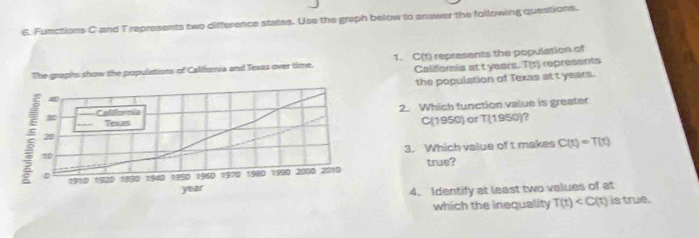 Functions C and T represents two difference states. Use the graph below to anewer the following questions. 
1. C(t) represents the population of 
Califoria at t years. T(t) represents 
the population of Texas at t years. 
2. Which function value is greater
C(1950) or
T(1950) 2 
3. Which value of t makes C(t)=T(t)
true? 
4. Identify at least two values of at 
which the inequality T(t) is true.